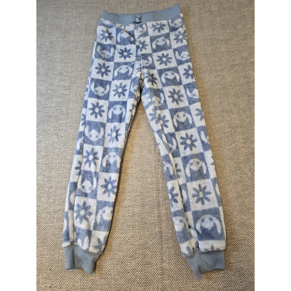 Disney Stitch Fleece Pajama Pants Kids M 10 Blue Checkerboard Drawstring Waist